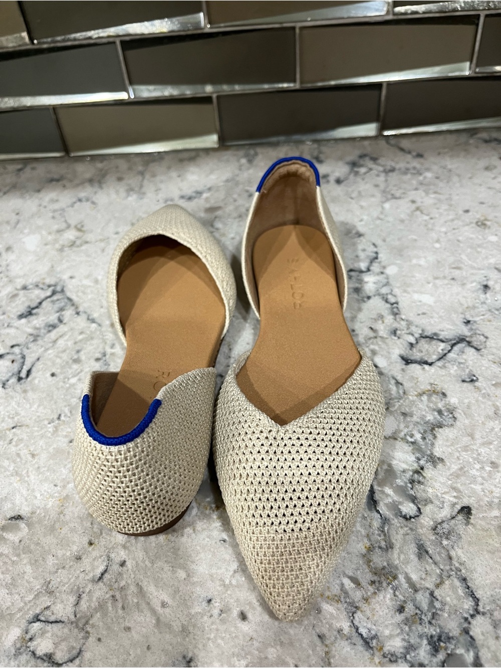 Rothy's Beige Pointed D'Orsay Flats with Blue Heel Trim - Picture 8 of 8